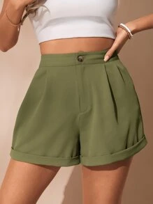 SHEIN Essnce 素色拉鏈開襟卷邊短褲 - 軍綠色 - 查看 6