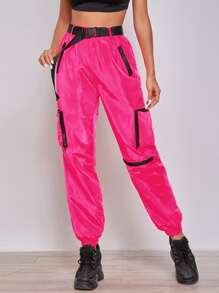 Muchica 熒光橙色拉鏈貼布口袋推搭扣腰帶風慢跑褲 - 玫紅色 - 查看 1