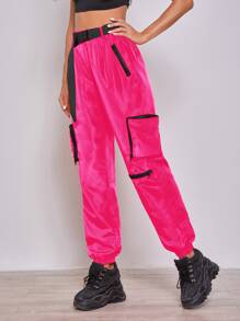 Muchica 熒光橙色拉鏈貼布口袋推搭扣腰帶風慢跑褲 - 玫紅色 - 查看 3