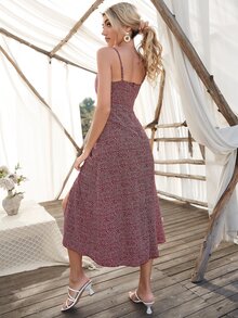 Ruched Bust High Split Ditsy Floral Cami Dress - Burgundy - View 2