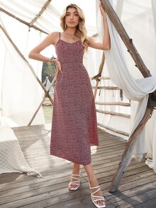 Ruched Bust High Split Ditsy Floral Cami Dress - Burgundy - View 6