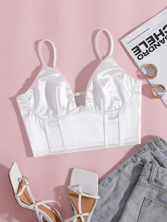 Solid Bustier Satin Crop Cami Top For Holiday Party Clothes