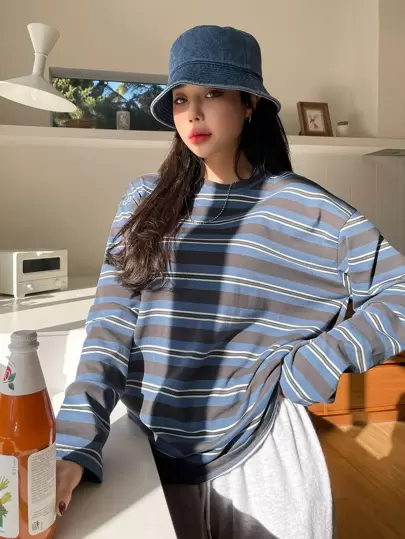 DAZY 块状条纹落肩T恤，秋季服装长袖女式上衣