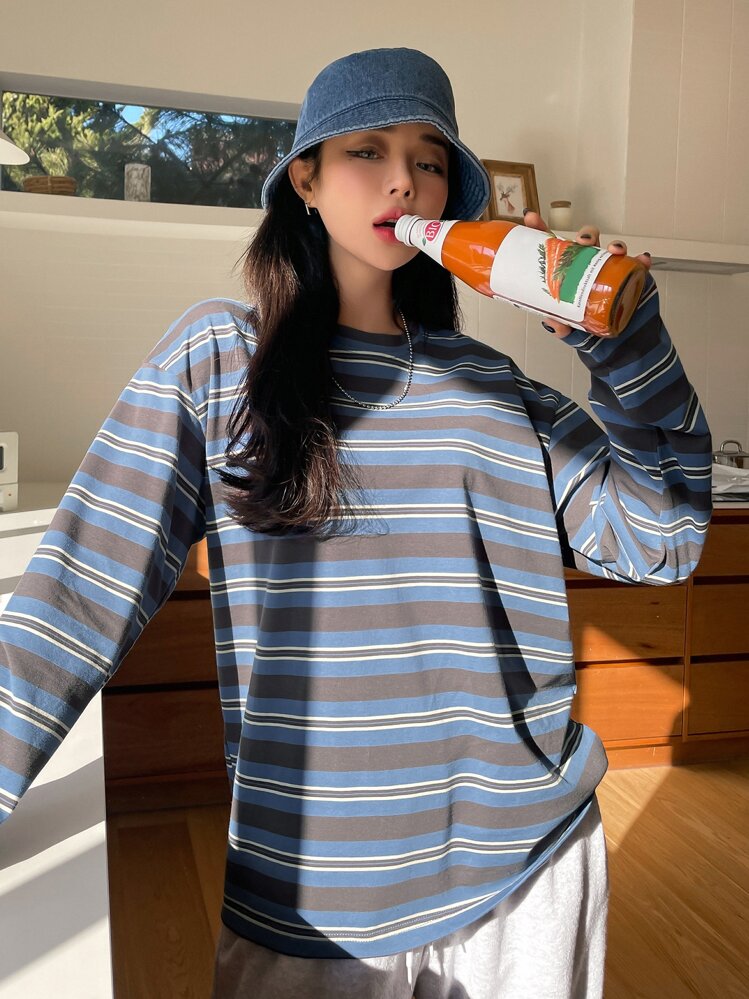 DAZY Block Striped Drop Shoulder Tee,Fall Clothes Long Sleeve Women Tops - Multicolor - View 3