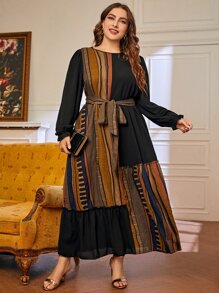 Mulvari Plus Colorblock Striped Belted Ruffle Hem Dress - Multicolor - View 1