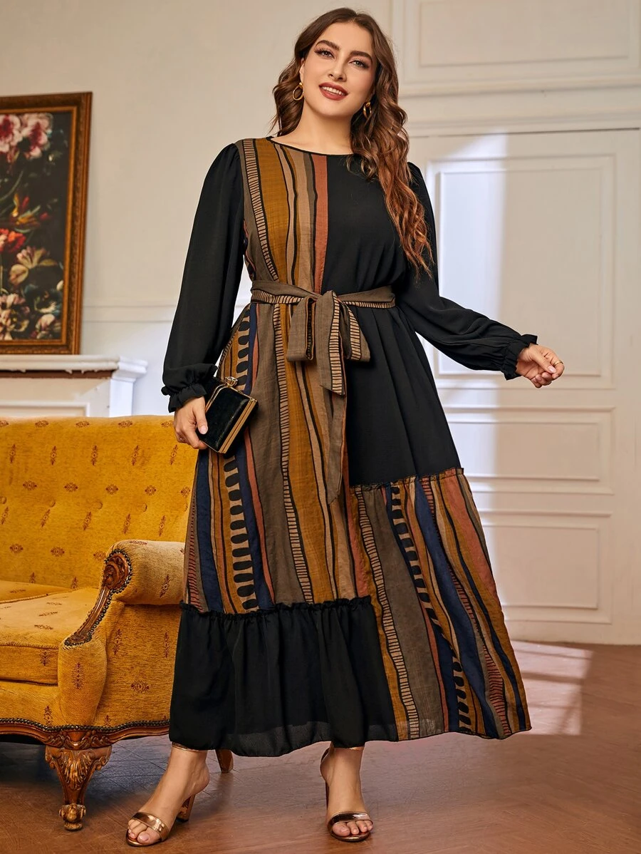 Mulvari Plus Colorblock Striped Belted Ruffle Hem Dress - Multicolor - View 1