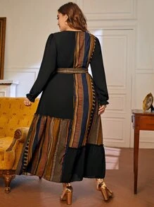 Mulvari Plus Colorblock Striped Belted Ruffle Hem Dress - Multicolor - View 2