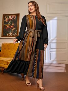 Mulvari Plus Colorblock Striped Belted Ruffle Hem Dress - Multicolor - View 3