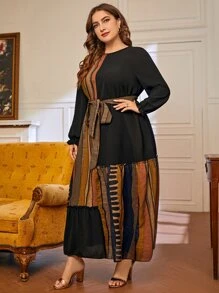 Mulvari Plus Colorblock Striped Belted Ruffle Hem Dress - Multicolor - View 4