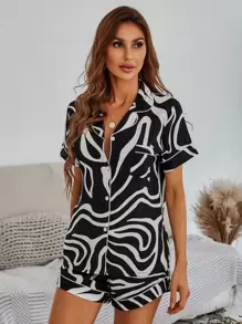 斑马条纹印花撞色滚边睡衣套装 / 睡衣套装 - 彩色 - 查看 3