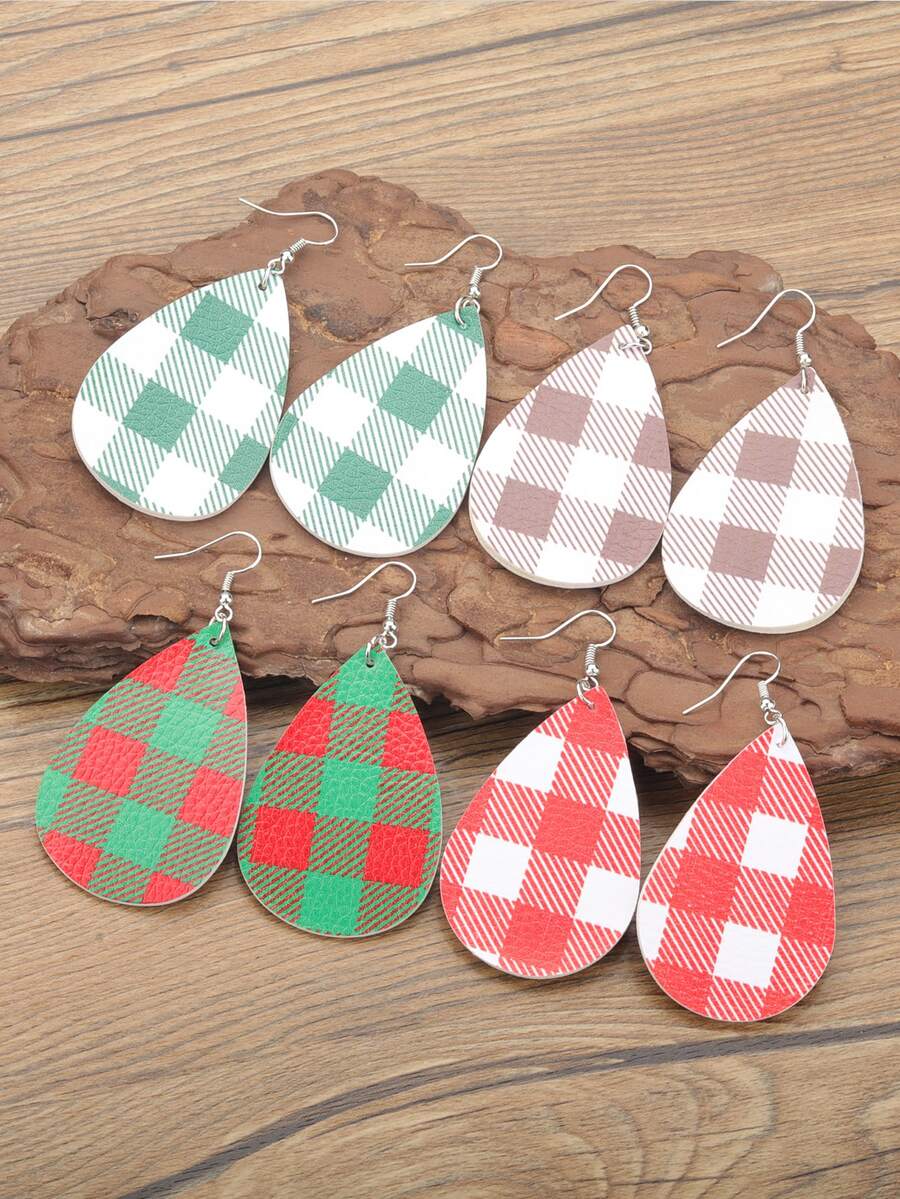 4雙格子圖案水滴形耳墜 - 彩色 - 查看 1