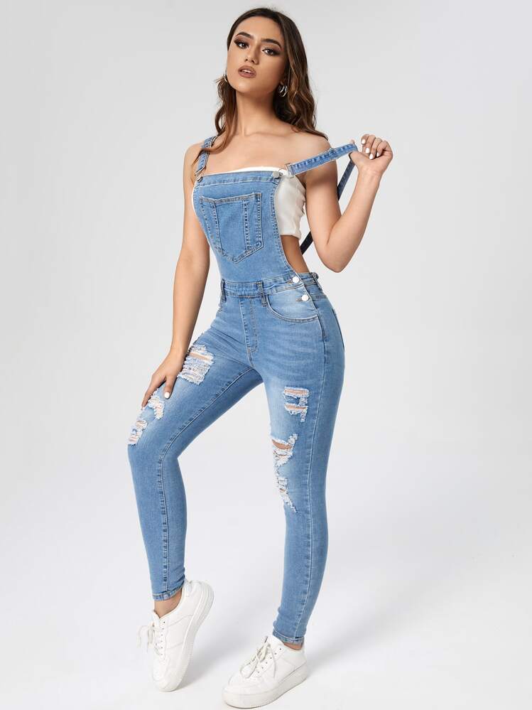 Overol con parche de bolsillo roto sin camiseta - Azul lavado medio - Añade 1