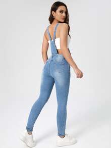 Overol con parche de bolsillo roto sin camiseta - Azul lavado medio - Ver 2