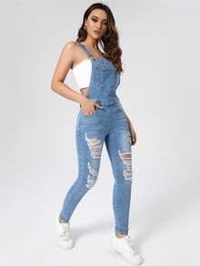 Overol con parche de bolsillo roto sin camiseta - Azul lavado medio - Ver 3