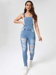Overol con parche de bolsillo roto sin camiseta - Azul lavado medio - Ver 4