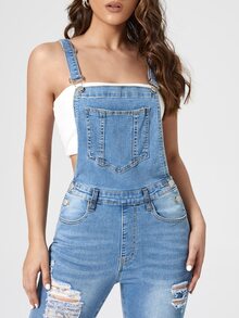 Overol con parche de bolsillo roto sin camiseta - Azul lavado medio - Ver 5