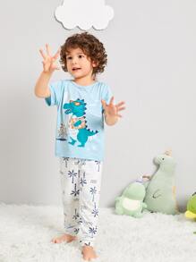 Toddler Boys Cartoon & Palm Tree Print PJ Set - Blue and White - View 1