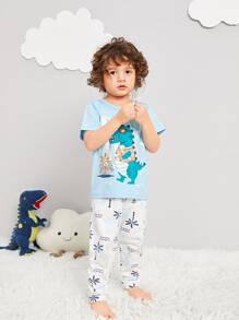 Toddler Boys Cartoon & Palm Tree Print PJ Set - Blue and White - View 3