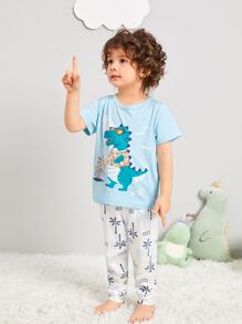 Toddler Boys Cartoon & Palm Tree Print PJ Set - Blue and White - View 4