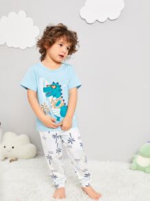 Toddler Boys Cartoon & Palm Tree Print PJ Set - Blue and White - View 5