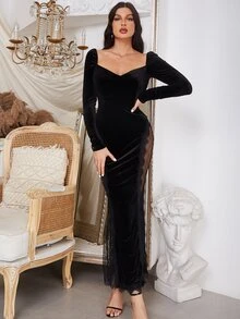 Contrast Lace Sweetheart Neck Velvet Bodycon Dress - Black - View 7