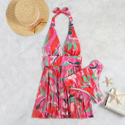 Allover Print Ruffle Hem Halter High Waisted Bikini Swimsuit