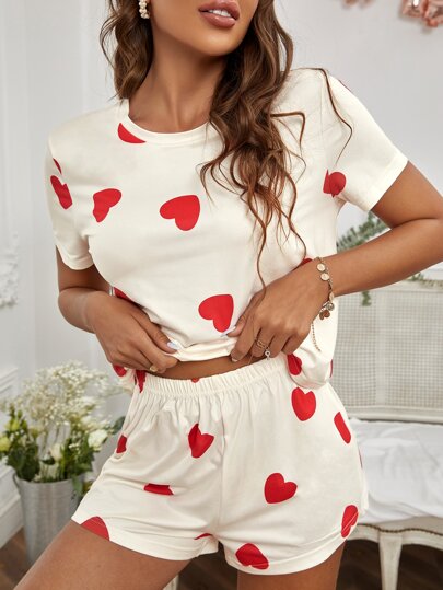 SHEIN Casual Underwear&Sleepwear 心形印花 T 恤和短裤睡衣套装女士休闲套装休闲服套装休闲服套装女士短裤套装女士休闲服套装