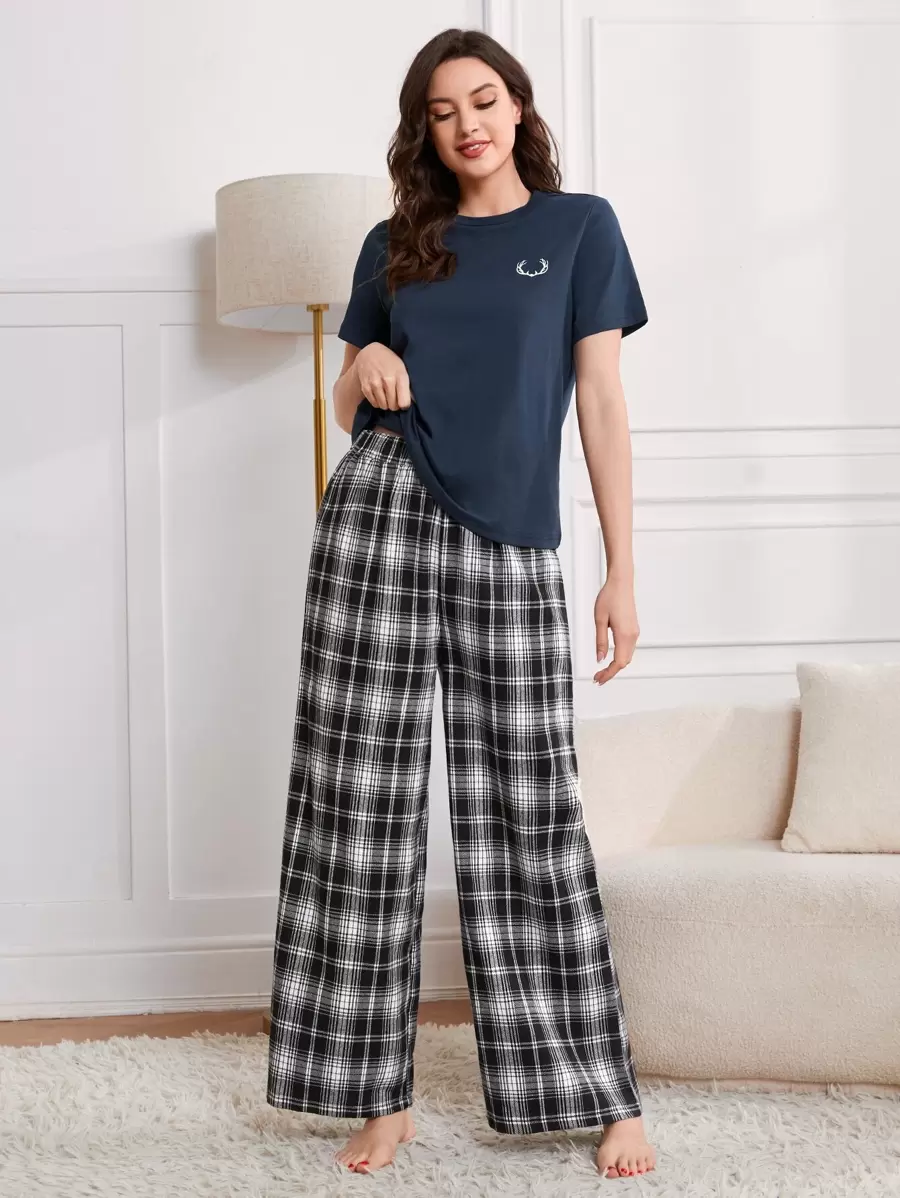 SHEIN Unity Antler Embroidery Tee & Tartan Plaid Pants PJ Set - Multicolor - View 1