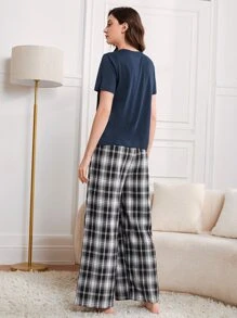 SHEIN Unity Antler Embroidery Tee & Tartan Plaid Pants PJ Set - Multicolor - View 2