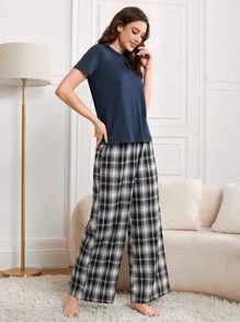 SHEIN Unity Antler Embroidery Tee & Tartan Plaid Pants PJ Set - Multicolor - View 4