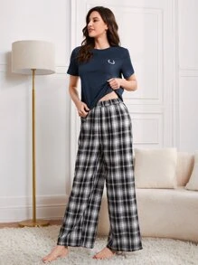 SHEIN Unity Antler Embroidery Tee & Tartan Plaid Pants PJ Set - Multicolor - View 5
