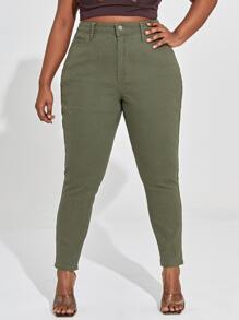 Plus High Waisted Solid Skinny Jeans - Army Green - View 1