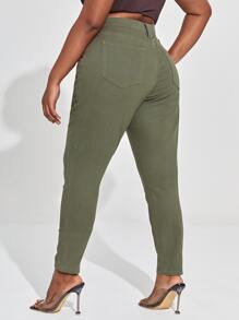 Plus High Waisted Solid Skinny Jeans - Army Green - View 2