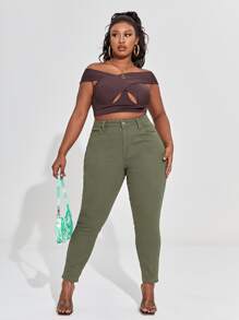 Plus High Waisted Solid Skinny Jeans - Army Green - View 3