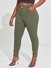 Plus High Waisted Solid Skinny Jeans - Army Green - View 5