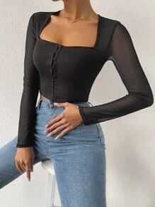 SHEIN Essnce 拼接網紗鉤眼扣短款上衣 - 黑色 - 查看 3