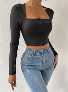 SHEIN Essnce 拼接網紗鉤眼扣短款上衣 - 黑色 - 查看 5