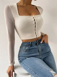 SHEIN Essnce Mesh Panel Hook And Eye Crop Top - Beige - View 1