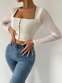 SHEIN Essnce Mesh Panel Hook And Eye Crop Top - Beige - View 3