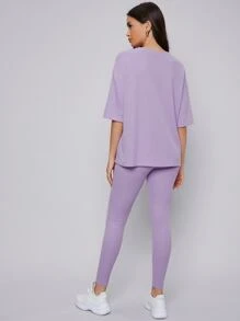 Mulvari 落肩素色上衣和緊身褲套裝 - 紫丁香色 - 查看 2