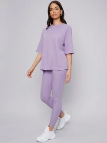 Mulvari 落肩素色上衣和緊身褲套裝 - 紫丁香色 - 查看 3