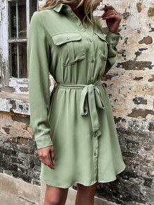 Flap Pocket Belted Shirt Dress - Green - View 7