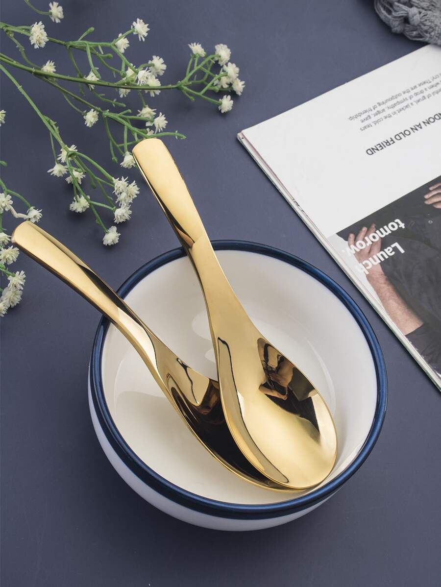 2pcs Stainless Steel Spoon, Gold Soup Spoon For Dining,Kitchen,Christmas Gift,School Supplies