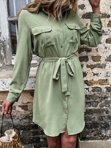Flap Pocket Belted Shirt Dress - Green - View 3