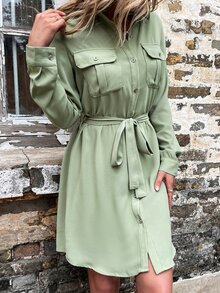 Flap Pocket Belted Shirt Dress - Green - View 4