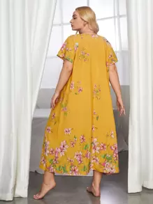 SHEIN Unity Plus Flounce Sleeve Floral Print Sleep Dress - Yellow - View 2