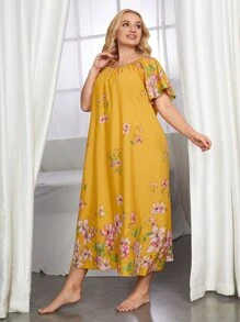 SHEIN Unity Plus Flounce Sleeve Floral Print Sleep Dress - Yellow - View 3