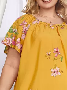 SHEIN Unity Plus Flounce Sleeve Floral Print Sleep Dress - Yellow - View 4