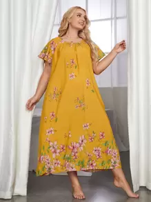 SHEIN Unity Plus Flounce Sleeve Floral Print Sleep Dress - Yellow - View 5