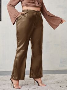 SHEIN Privé Plus High Waist Flare Leg Patent Trousers - Mocha Brown - View 1